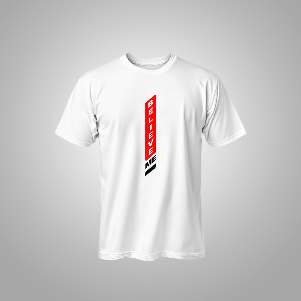 "Believe Me" Vertical Racing Stripe Tee – High-Octane Graphic Streetwear