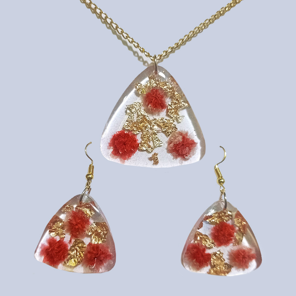 Blossom & Gold Leaf Resin Jewelry Set | Triangular Pendant Necklace & Earrings - Image 2