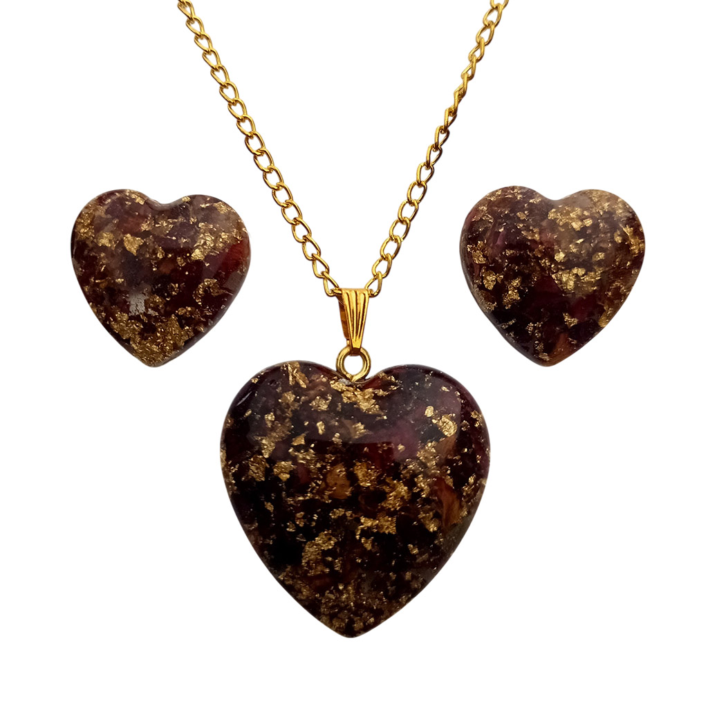 Elegant Heart Resin Jewelry Set - Gold Flake & Crimson Pendant with Matching Earrings - Image 2