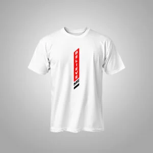 "Believe Me" Vertical Racing Stripe Tee – High-Octane Graphic Streetwear